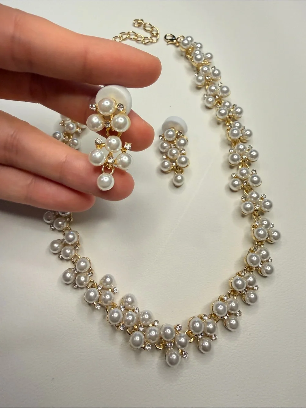 Pearl Cluster Necklace and Drop Earrings set - Ivory and Gold